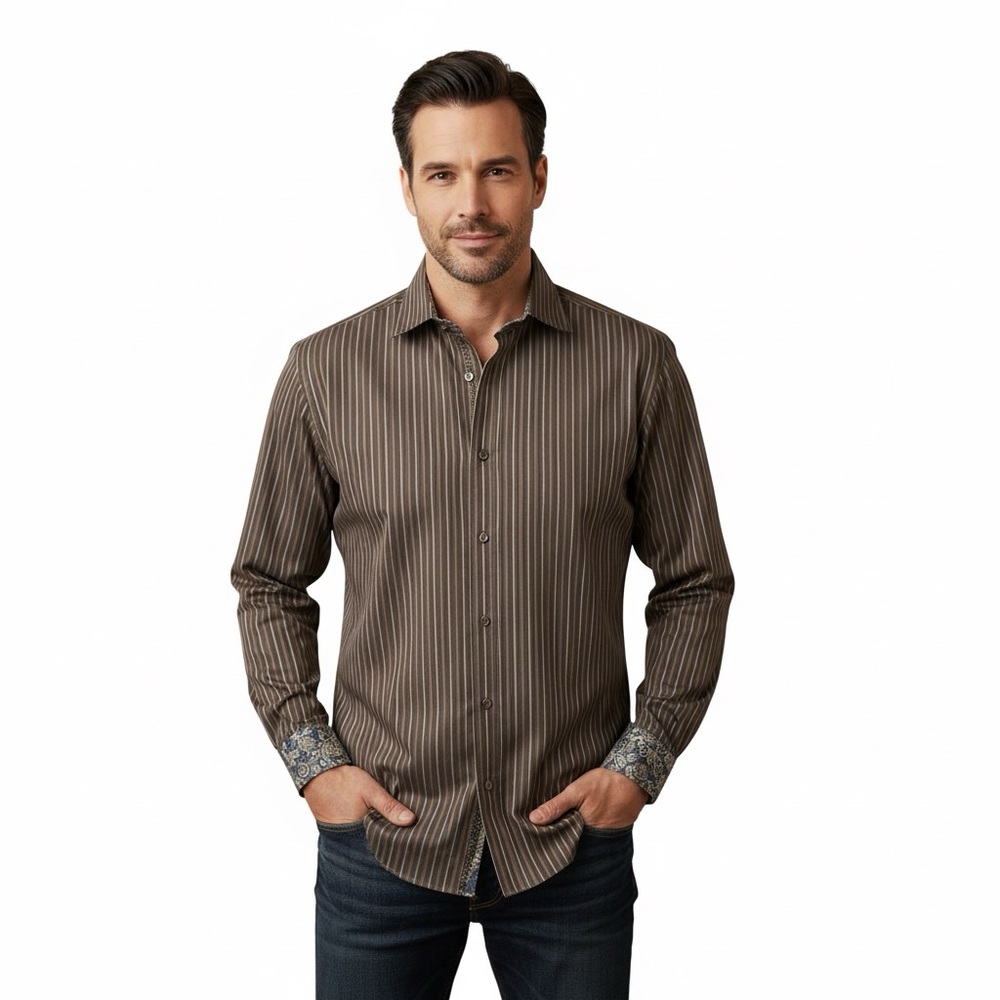Bugatchi Brown Stripe Flip Cuff Button Down Shirt L Paisley